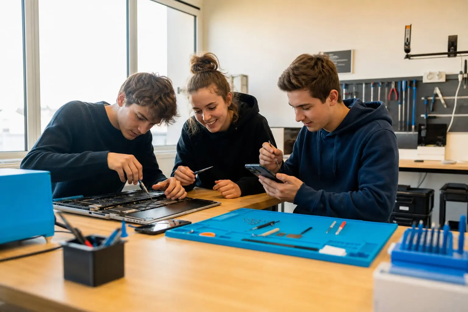 Students repairing a device together at iFixers