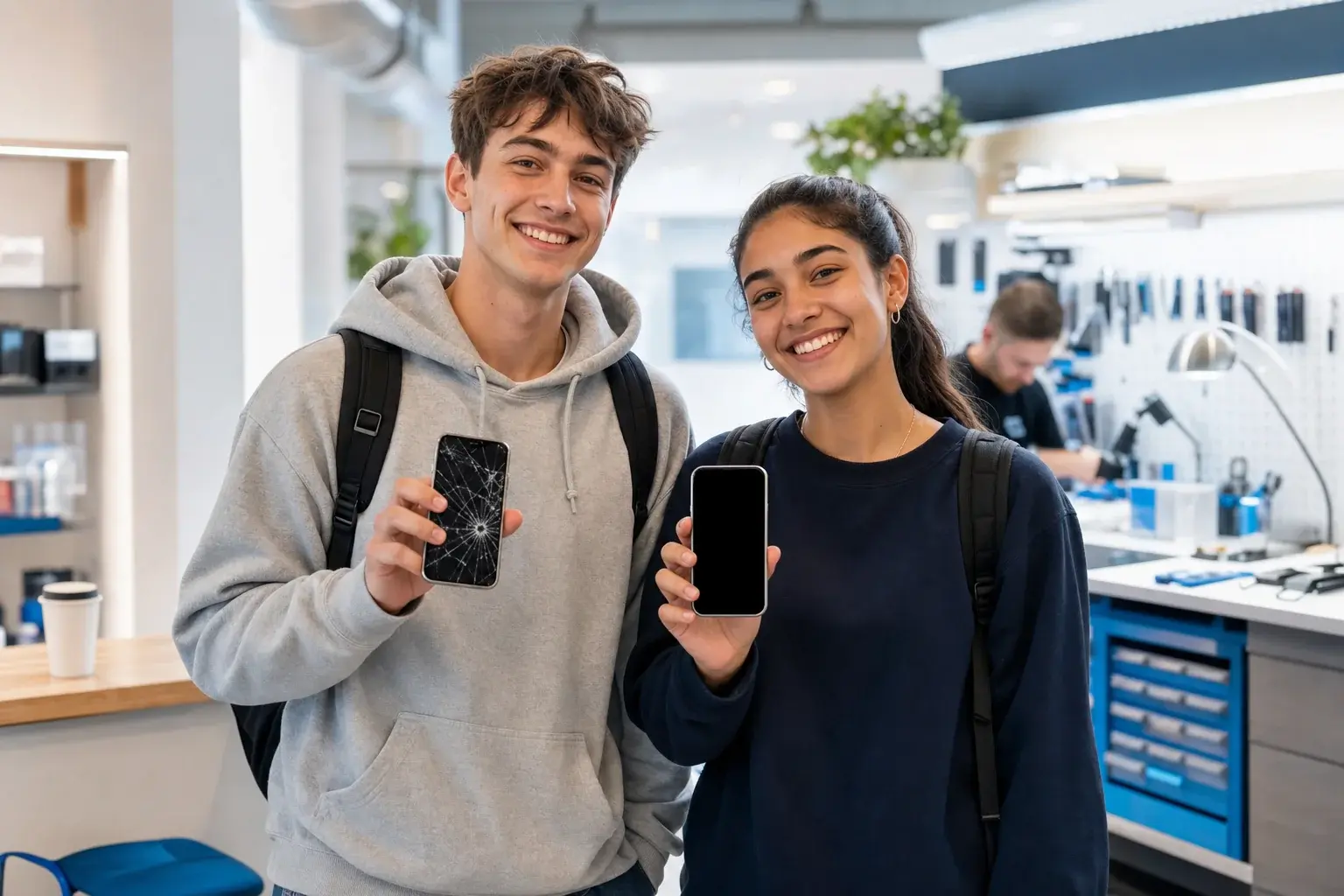 Studenten met hun smartphone in de winkel van iFixers