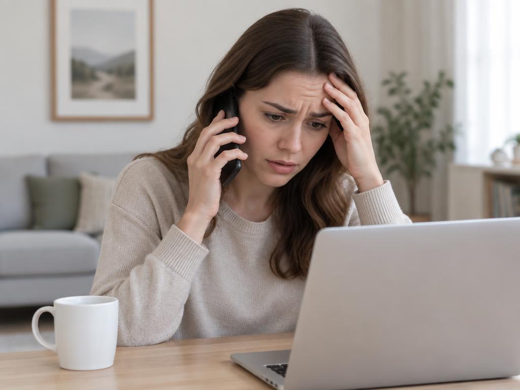 Vrouw met telefoon en laptop zoekt hulp na phishing